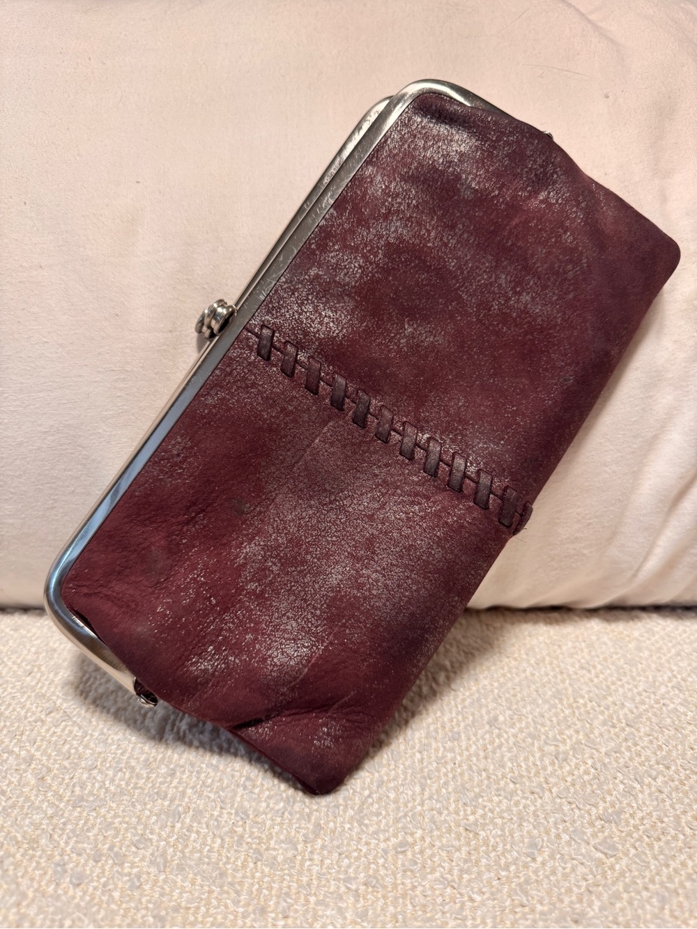 HOBO Lauren Shimmer Suede Frame Clutch Wallet in Merlot